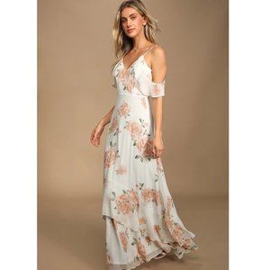 Lulu's Take You There Ivory Floral Print Maxi Dress Small